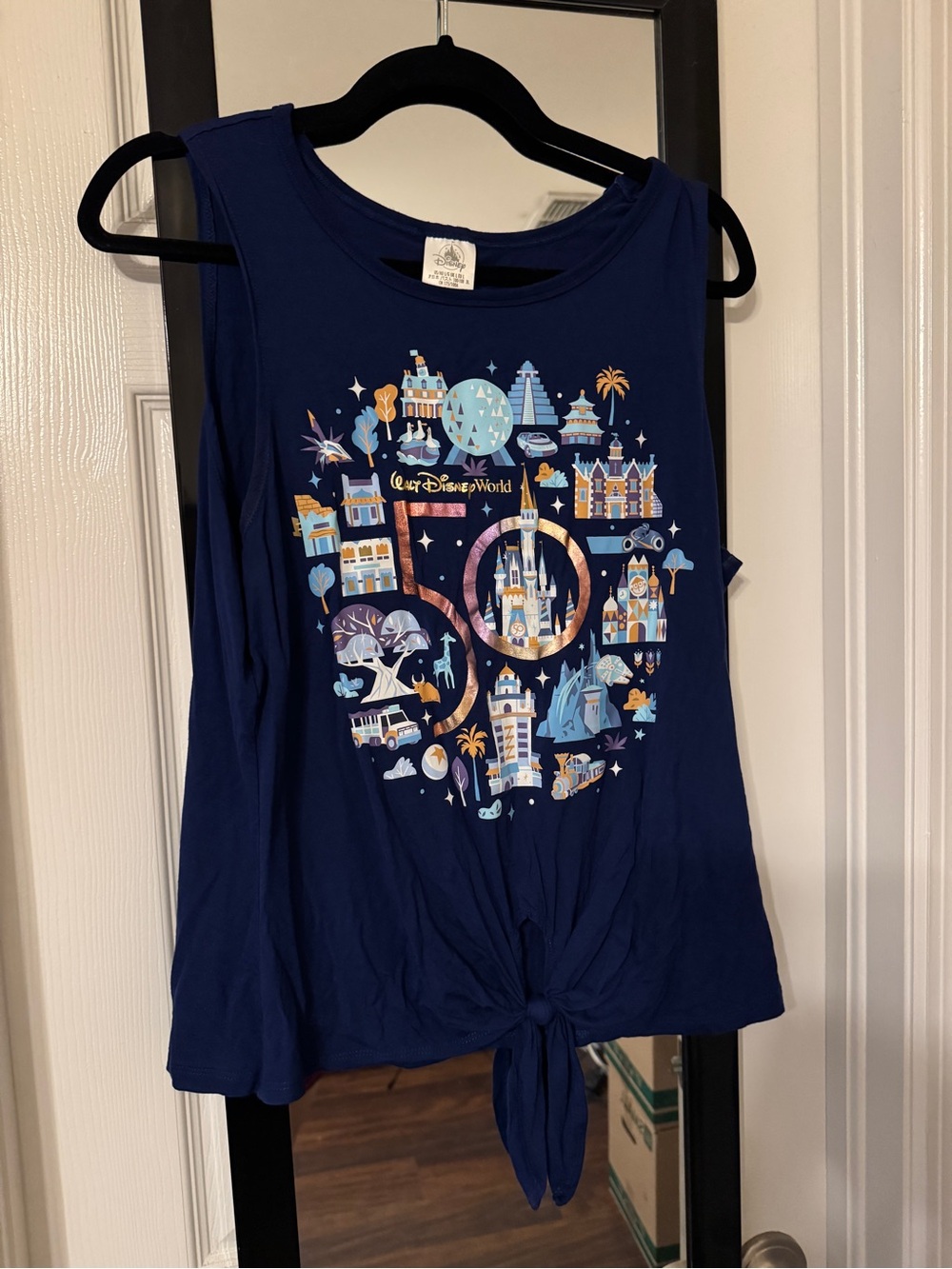 L Disney 50th Navy Graphic Tank with Pastel Park Icons